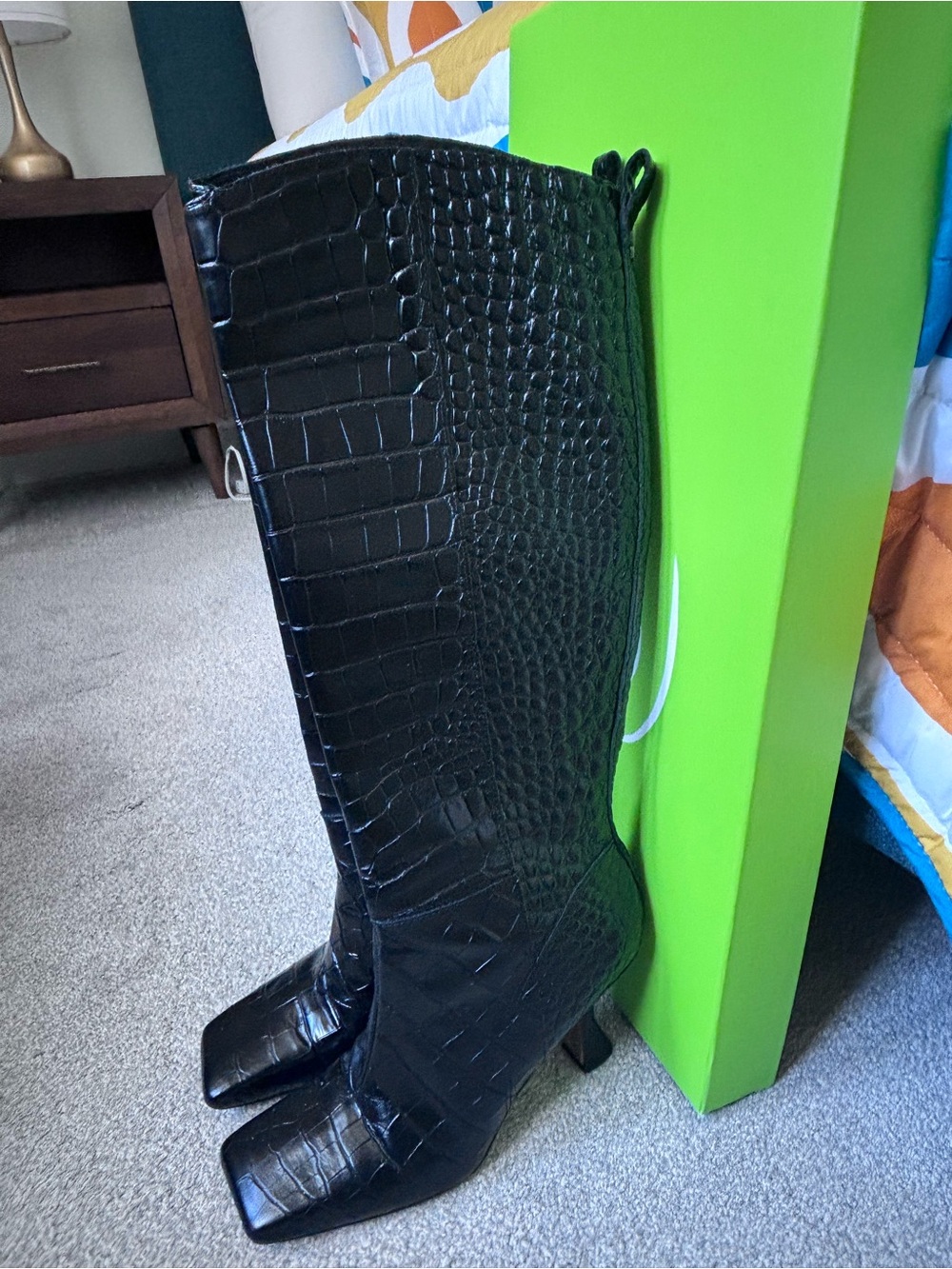 Sam Edelman Black Croc-Embossed Knee-High Heeled Boots - Picture 2 of 13